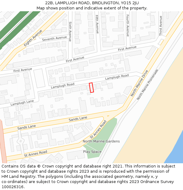 22B, LAMPLUGH ROAD, BRIDLINGTON, YO15 2JU: Location map and indicative extent of plot