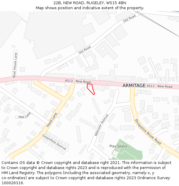 22B, NEW ROAD, RUGELEY, WS15 4BN: Location map and indicative extent of plot