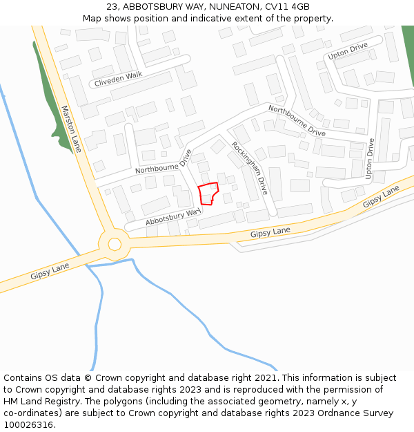 23, ABBOTSBURY WAY, NUNEATON, CV11 4GB: Location map and indicative extent of plot