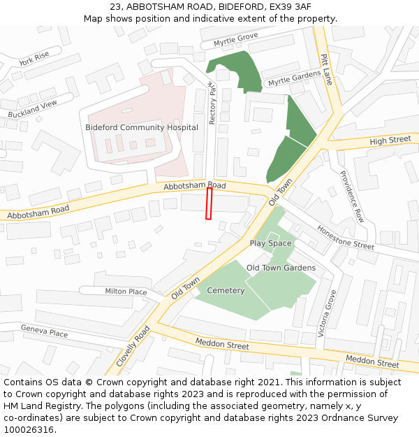 23, ABBOTSHAM ROAD, BIDEFORD, EX39 3AF: Location map and indicative extent of plot