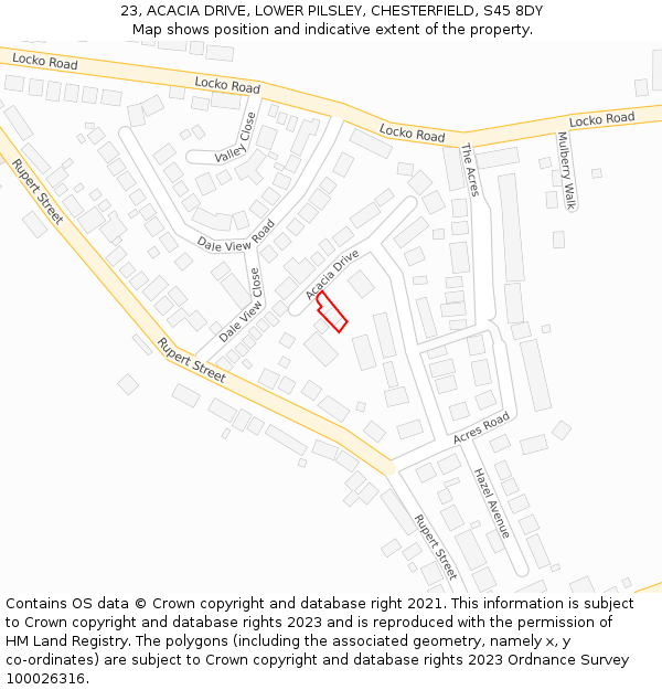 23, ACACIA DRIVE, LOWER PILSLEY, CHESTERFIELD, S45 8DY: Location map and indicative extent of plot