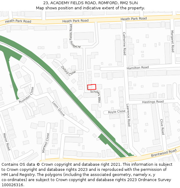 23, ACADEMY FIELDS ROAD, ROMFORD, RM2 5UN: Location map and indicative extent of plot