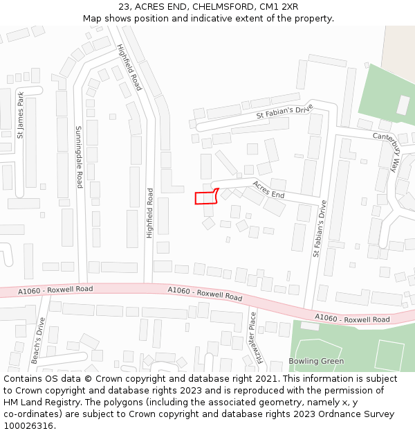 23, ACRES END, CHELMSFORD, CM1 2XR: Location map and indicative extent of plot