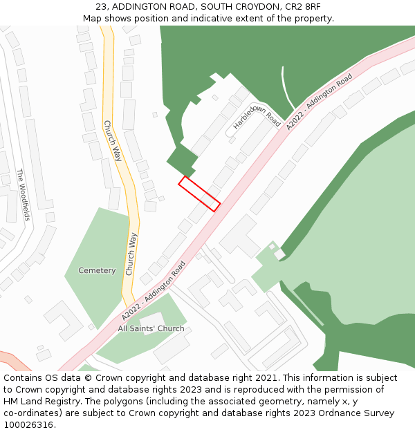 23, ADDINGTON ROAD, SOUTH CROYDON, CR2 8RF: Location map and indicative extent of plot