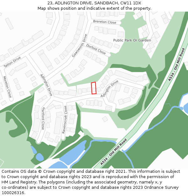 23, ADLINGTON DRIVE, SANDBACH, CW11 1DX: Location map and indicative extent of plot