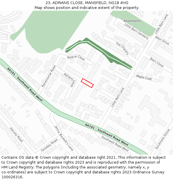 23, ADRIANS CLOSE, MANSFIELD, NG18 4HG: Location map and indicative extent of plot