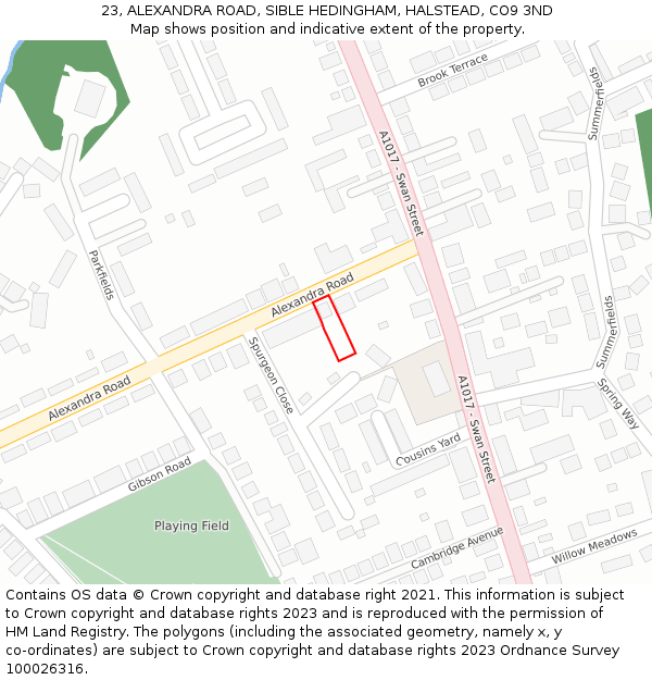23, ALEXANDRA ROAD, SIBLE HEDINGHAM, HALSTEAD, CO9 3ND: Location map and indicative extent of plot