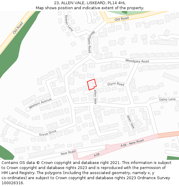 23, ALLEN VALE, LISKEARD, PL14 4HL: Location map and indicative extent of plot