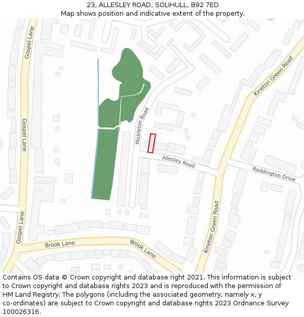 23, ALLESLEY ROAD, SOLIHULL, B92 7ED: Location map and indicative extent of plot