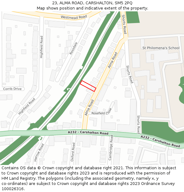 23, ALMA ROAD, CARSHALTON, SM5 2PQ: Location map and indicative extent of plot