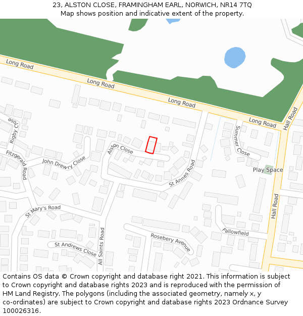 23, ALSTON CLOSE, FRAMINGHAM EARL, NORWICH, NR14 7TQ: Location map and indicative extent of plot