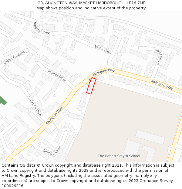 23, ALVINGTON WAY, MARKET HARBOROUGH, LE16 7NF: Location map and indicative extent of plot