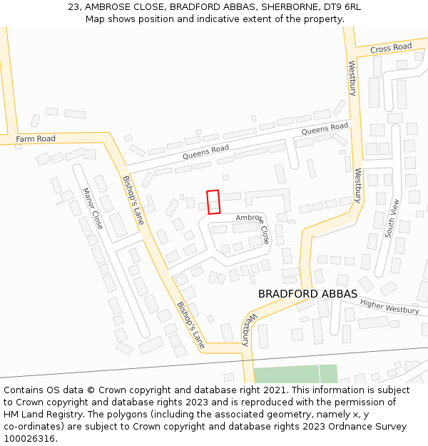 23, AMBROSE CLOSE, BRADFORD ABBAS, SHERBORNE, DT9 6RL: Location map and indicative extent of plot