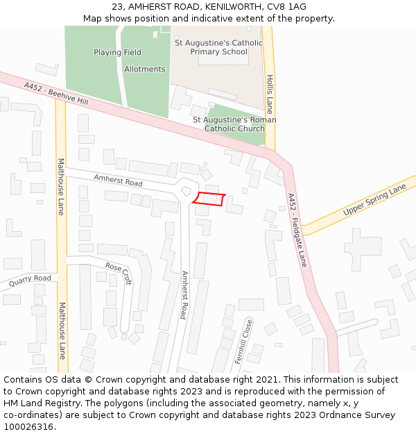 23, AMHERST ROAD, KENILWORTH, CV8 1AG: Location map and indicative extent of plot