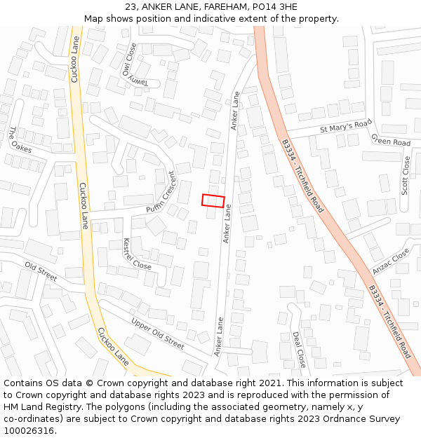 23, ANKER LANE, FAREHAM, PO14 3HE: Location map and indicative extent of plot