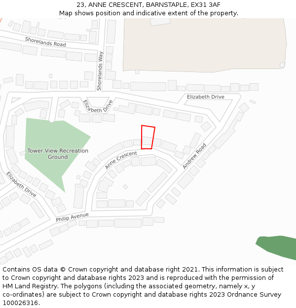 23, ANNE CRESCENT, BARNSTAPLE, EX31 3AF: Location map and indicative extent of plot