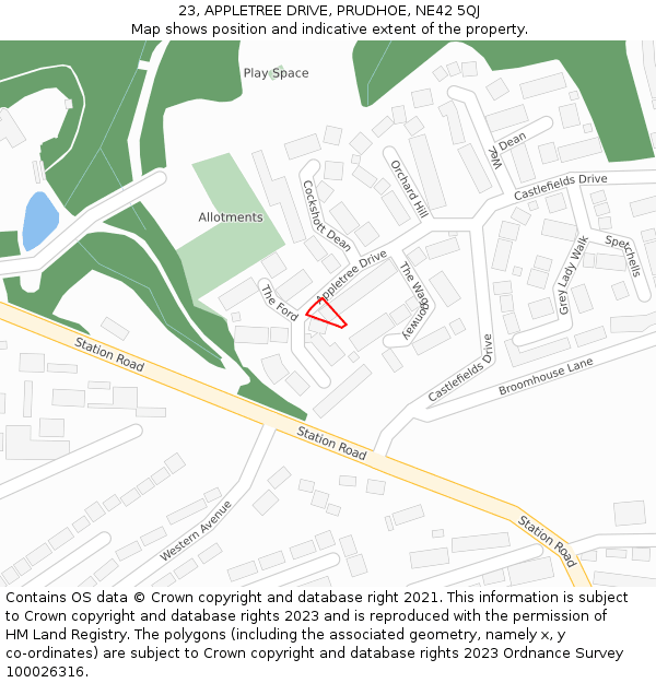 23, APPLETREE DRIVE, PRUDHOE, NE42 5QJ: Location map and indicative extent of plot