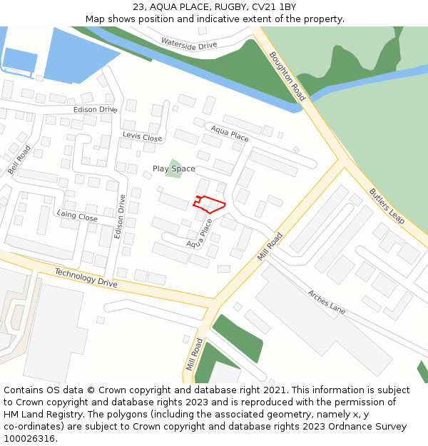 23, AQUA PLACE, RUGBY, CV21 1BY: Location map and indicative extent of plot