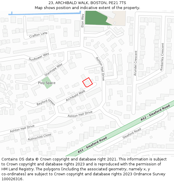 23, ARCHIBALD WALK, BOSTON, PE21 7TS: Location map and indicative extent of plot