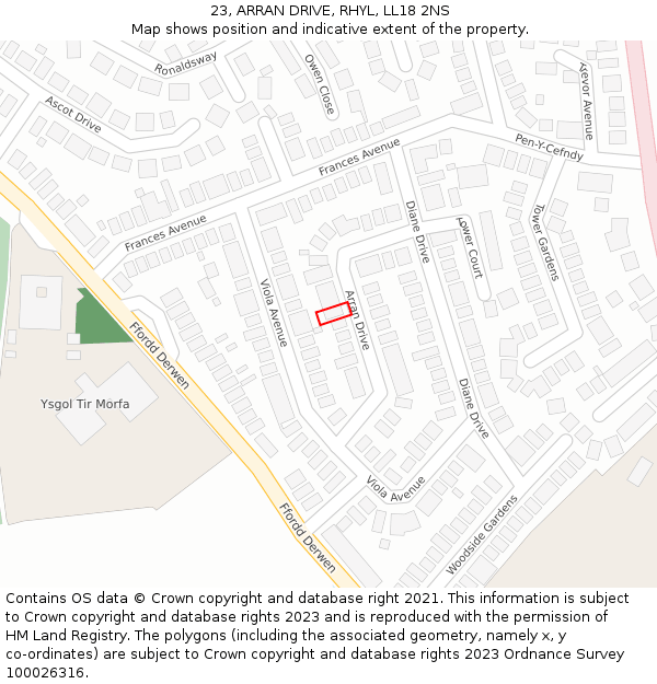 23, ARRAN DRIVE, RHYL, LL18 2NS: Location map and indicative extent of plot
