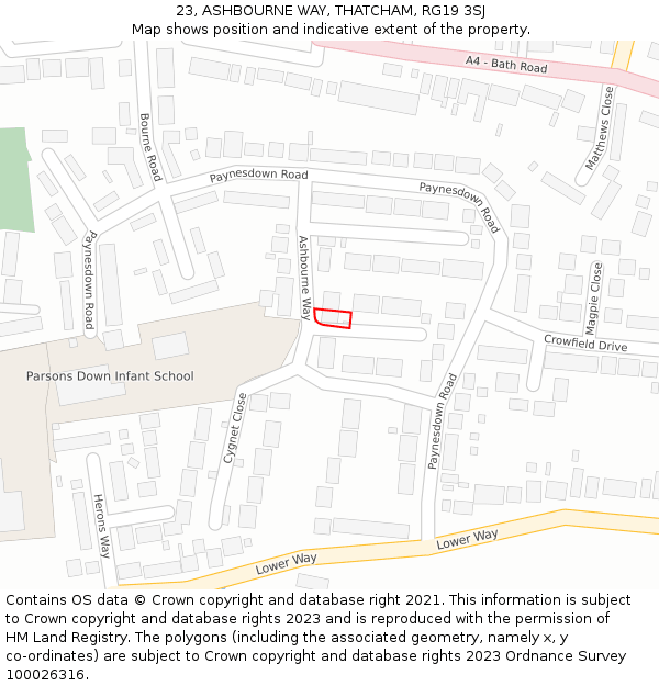 23, ASHBOURNE WAY, THATCHAM, RG19 3SJ: Location map and indicative extent of plot