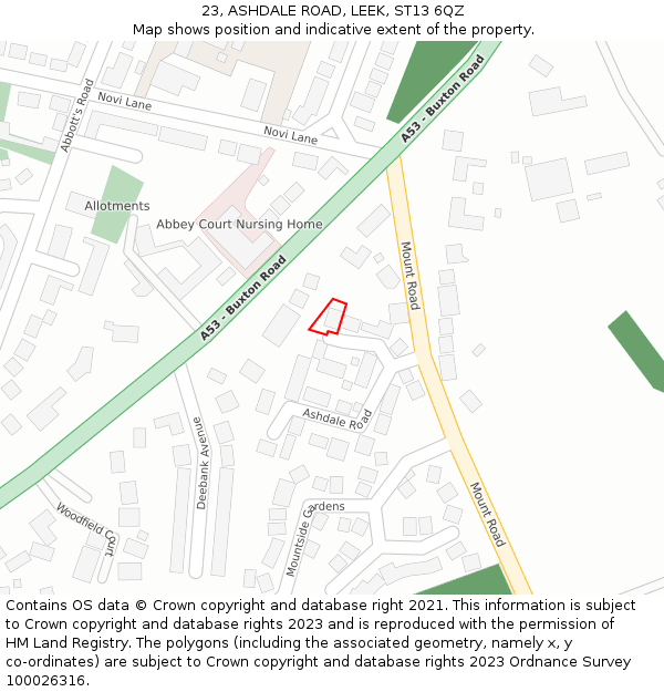 23, ASHDALE ROAD, LEEK, ST13 6QZ: Location map and indicative extent of plot