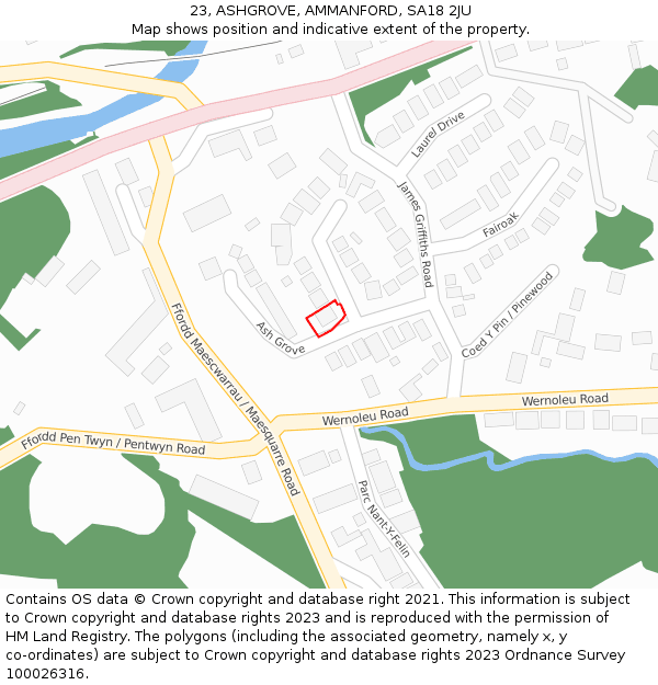 23, ASHGROVE, AMMANFORD, SA18 2JU: Location map and indicative extent of plot