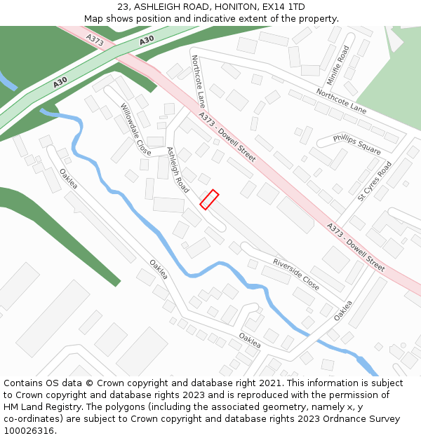 23, ASHLEIGH ROAD, HONITON, EX14 1TD: Location map and indicative extent of plot