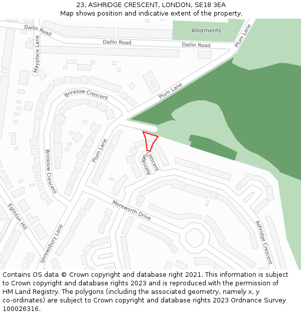 23, ASHRIDGE CRESCENT, LONDON, SE18 3EA: Location map and indicative extent of plot