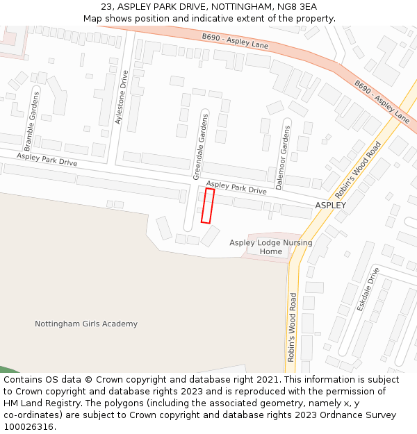 23, ASPLEY PARK DRIVE, NOTTINGHAM, NG8 3EA: Location map and indicative extent of plot