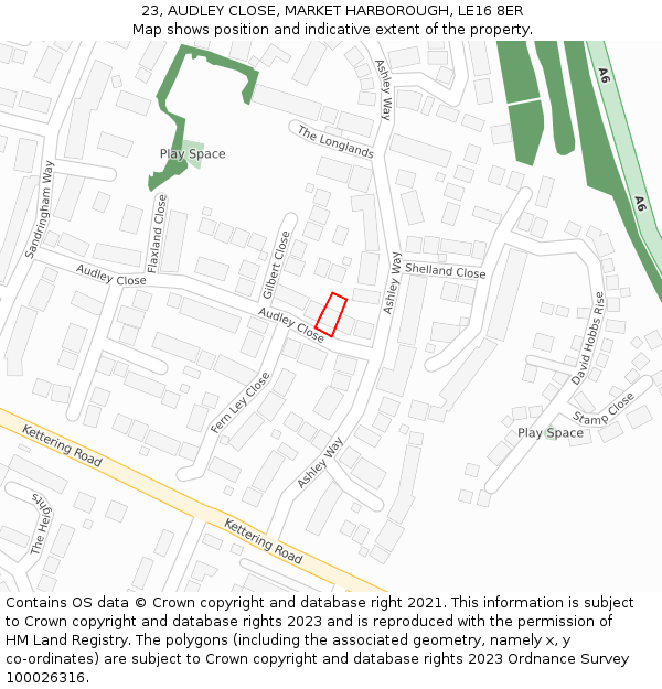 23, AUDLEY CLOSE, MARKET HARBOROUGH, LE16 8ER: Location map and indicative extent of plot