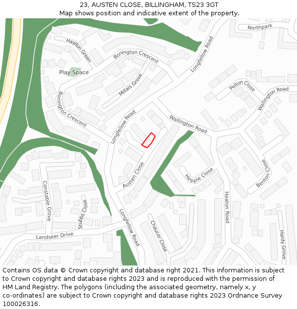 23, AUSTEN CLOSE, BILLINGHAM, TS23 3GT: Location map and indicative extent of plot