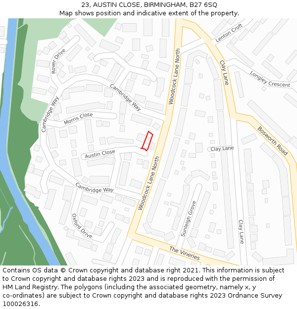 23, AUSTIN CLOSE, BIRMINGHAM, B27 6SQ: Location map and indicative extent of plot