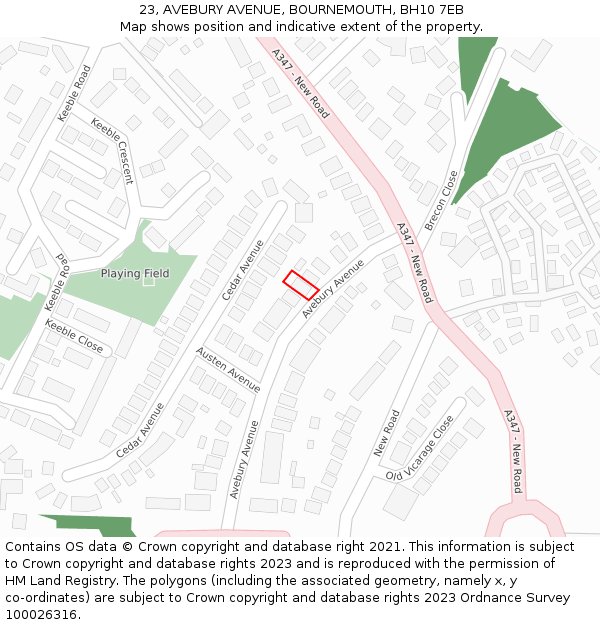 23, AVEBURY AVENUE, BOURNEMOUTH, BH10 7EB: Location map and indicative extent of plot