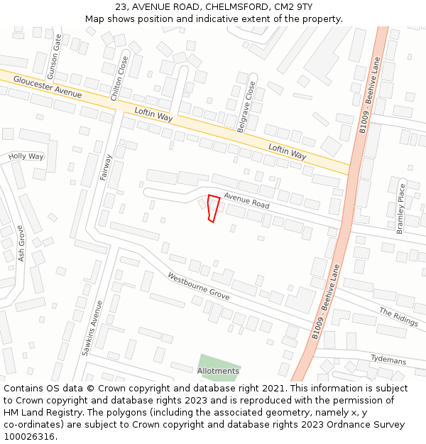 23, AVENUE ROAD, CHELMSFORD, CM2 9TY: Location map and indicative extent of plot