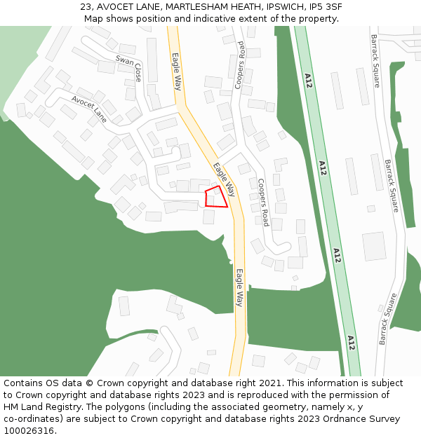 23, AVOCET LANE, MARTLESHAM HEATH, IPSWICH, IP5 3SF: Location map and indicative extent of plot