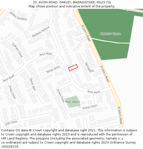 23, AVON ROAD, OAKLEY, BASINGSTOKE, RG23 7DJ: Location map and indicative extent of plot