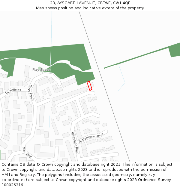 23, AYSGARTH AVENUE, CREWE, CW1 4QE: Location map and indicative extent of plot