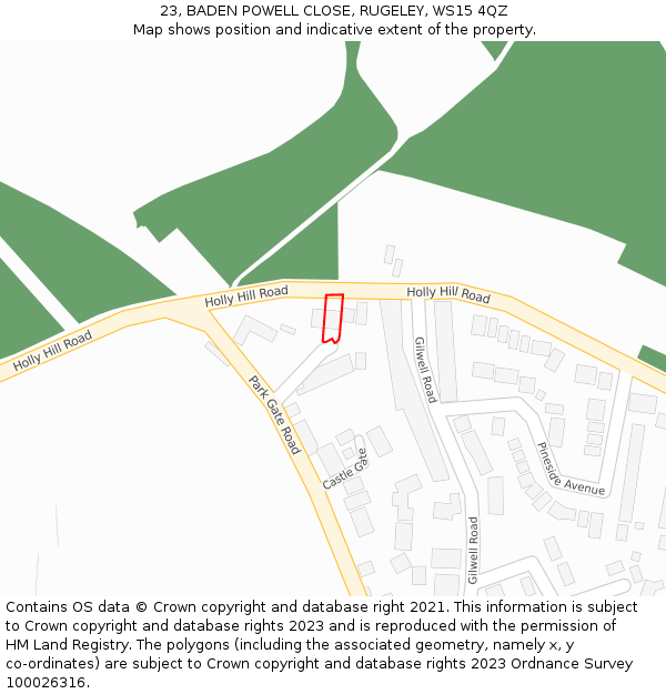 23, BADEN POWELL CLOSE, RUGELEY, WS15 4QZ: Location map and indicative extent of plot