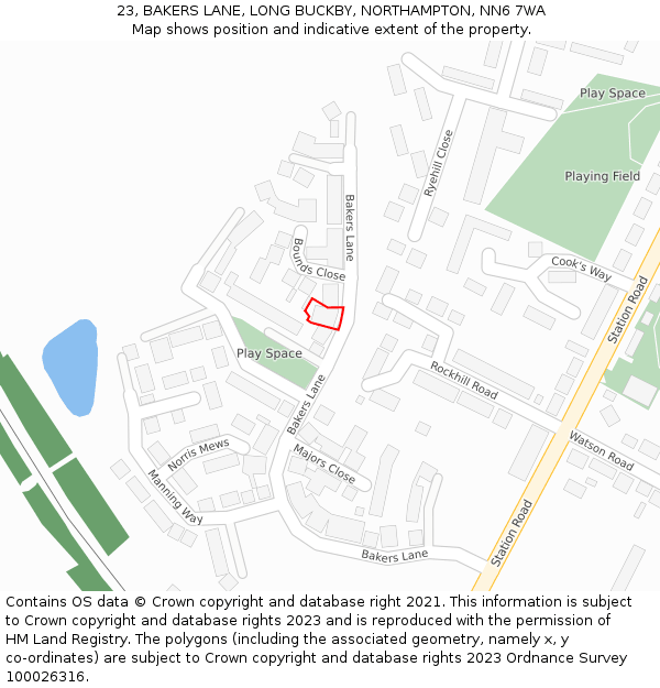 23, BAKERS LANE, LONG BUCKBY, NORTHAMPTON, NN6 7WA: Location map and indicative extent of plot
