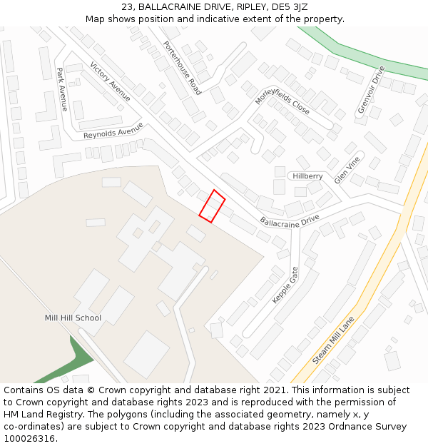 23, BALLACRAINE DRIVE, RIPLEY, DE5 3JZ: Location map and indicative extent of plot