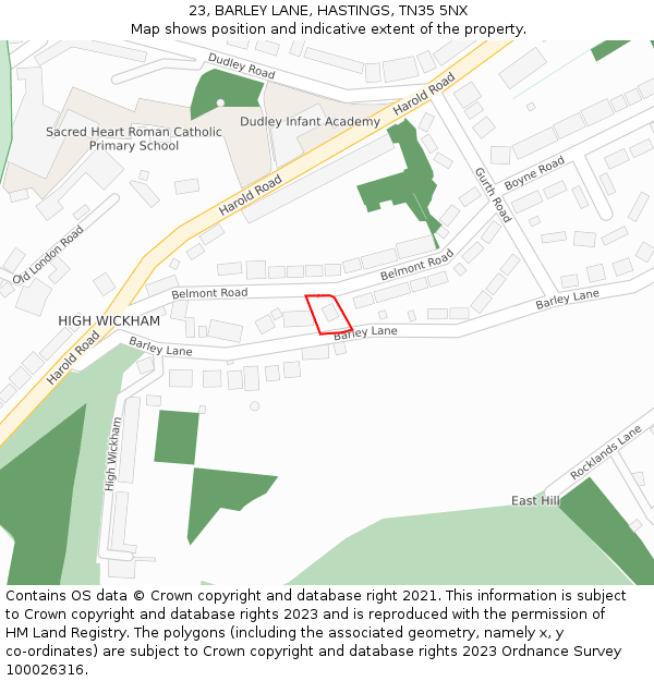 23, BARLEY LANE, HASTINGS, TN35 5NX: Location map and indicative extent of plot