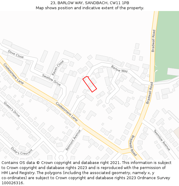 23, BARLOW WAY, SANDBACH, CW11 1PB: Location map and indicative extent of plot