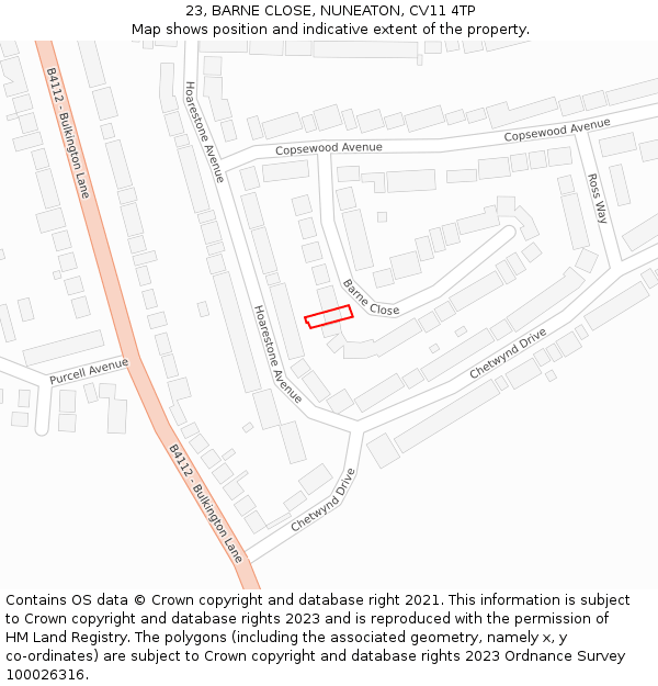 23, BARNE CLOSE, NUNEATON, CV11 4TP: Location map and indicative extent of plot