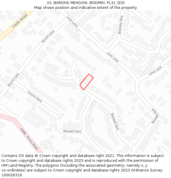 23, BARONS MEADOW, BODMIN, PL31 2DD: Location map and indicative extent of plot