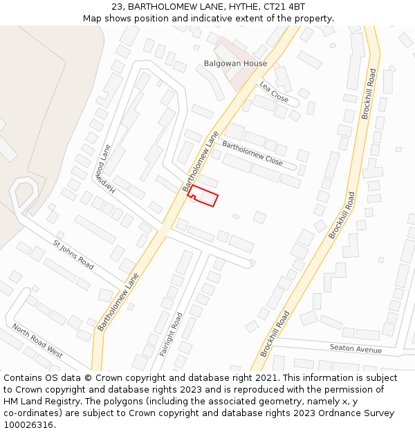 23, BARTHOLOMEW LANE, HYTHE, CT21 4BT: Location map and indicative extent of plot