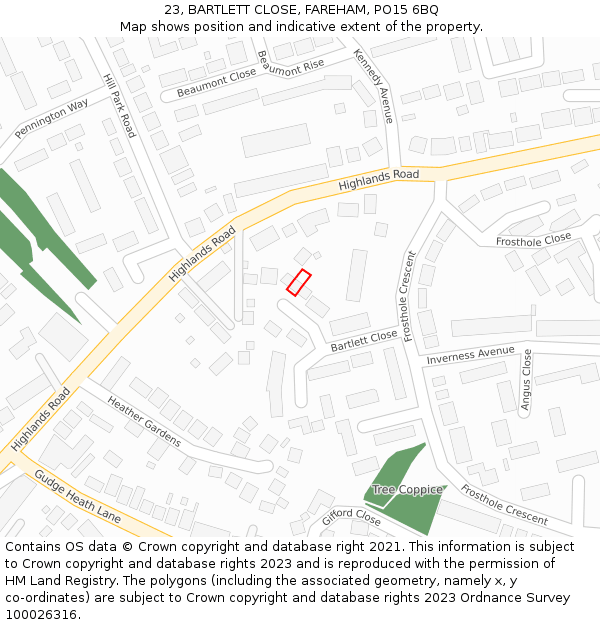 23, BARTLETT CLOSE, FAREHAM, PO15 6BQ: Location map and indicative extent of plot