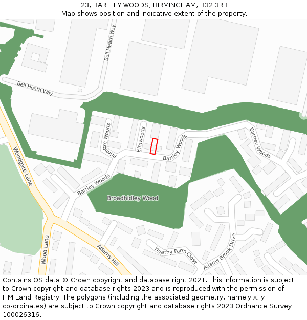 23, BARTLEY WOODS, BIRMINGHAM, B32 3RB: Location map and indicative extent of plot