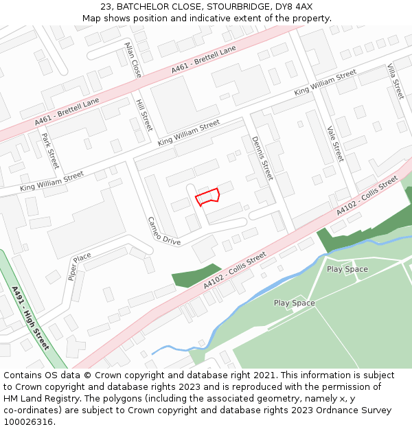 23, BATCHELOR CLOSE, STOURBRIDGE, DY8 4AX: Location map and indicative extent of plot
