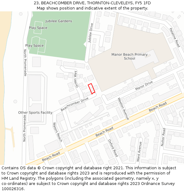 23, BEACHCOMBER DRIVE, THORNTON-CLEVELEYS, FY5 1FD: Location map and indicative extent of plot